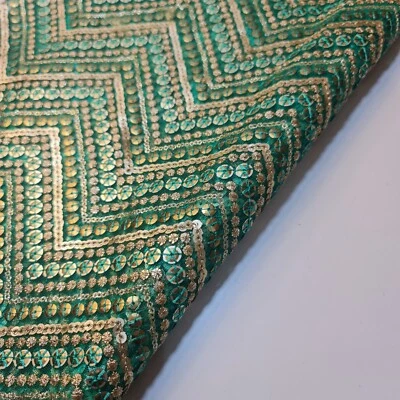 JADE GOLD Sabyasachi Net Lehnga Dress Material CHEVRON Sequin Glitter Fabric 44" - Image 1 of 2