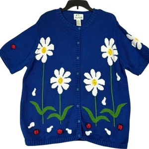 Vintage Quacker Factory Blue Daisy Lady Bug 3D Kurzarm Pullover Cardigan 1x - Bild 1 von 10