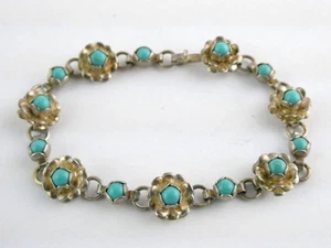 Vintage Mexico Sterling Silver Turquoise Flower Link Bracelet 925 6.5 Inch 8.8g - Picture 1 of 23