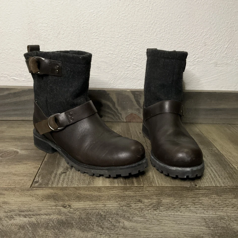 Woolrich Baltimore Mujer Talla 8.5 Cuero Negro Marrón Lana Arnés Moto Botas Foto 1 de 4