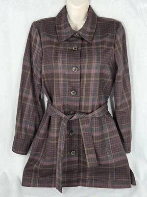 Pendleton 100% Virgin Wool Brown Purple Plaid Shirt Belted Dress Women’s Small - Image 1 of 4