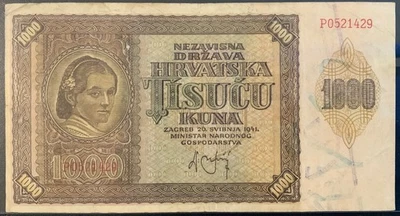1941 CROATIA PAPER MONEY - 1,000 KUNA BANKNOTE! - Image 1 of 2