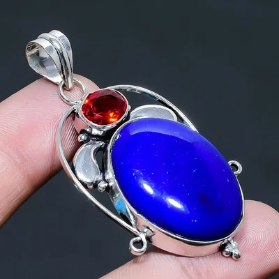 Pendente In Argento Sterling 925 Con Gemma Di Granato E Calcedonio Viola 2.25" - Immagine 1 di 4