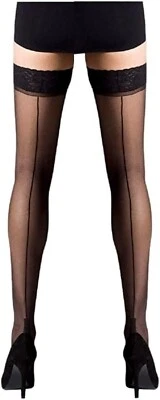 Women Hold Ups Cuban Heel Seamed Stockings Sheer with Non Slip Silicone Lace Top - Image 1 of 4
