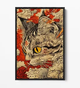 TRADITIONAL JAPANESE STYLE CAT -FLOAT EFFECT FRAMED CANVAS WALL ART PRINT - Picture 1 of 12