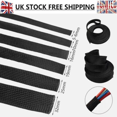 TZUTOGETHER PET Braided Sleeve Tube Cable Nylon Sleeving Wire Protector 5mm-32mm Width Black