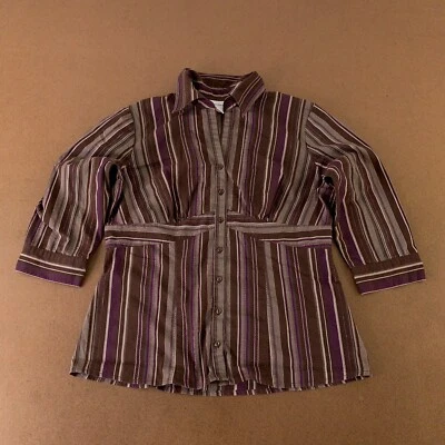Top Dressbarn Para Mujer Pequeño Marrón Púrpura Brillante Rayas Manga 3/4 Botón Delantero Foto 1 de 4