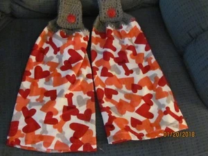  TWO  HANDMADE PLUSH CROCHETED HANGING KITCHEN TOWELS DOG BONES HEARTS - Picture 1 of 2