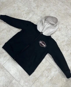 Harley Davidson Hoodie Boys 4 Black W/ Off White Hood Full Zip Sweatshirt Eagle - Picture 1 of 13