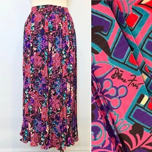 Maxi Falda Larga Plisada Boho Brillante Estampado Firma Diane Freis Vintage Años 80 L - Imagen 1 de 8