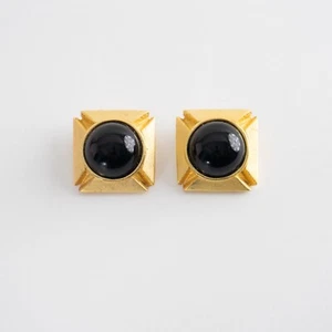 Vintage Black and Gold Tone Designer Square Clip On Earrings - Picture 1 of 8