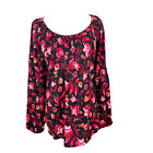 Terra & Sky Blouse Women 3X Plus Size Black Red Floral All Over Print Flowy Top