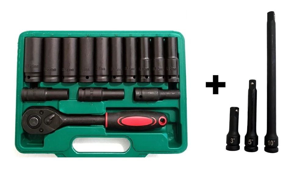 1/2" Drive Deep Impact Socket Set & Extension Bar CR-V Steel Metric Sockets. - image 1 of 1