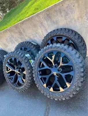 22" SNOWFLAKE WHEELS RIMS 33" MT TIRES CHEVY GMC 1500 RST Z71 DENALI TRAILBOSS - Image 1 of 4