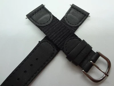 Pulseira de relógio de náilon vintage Timex couro preto e tecido, 19 mm com BARRAS DE MOLA NOS - Imagem 1 de 4