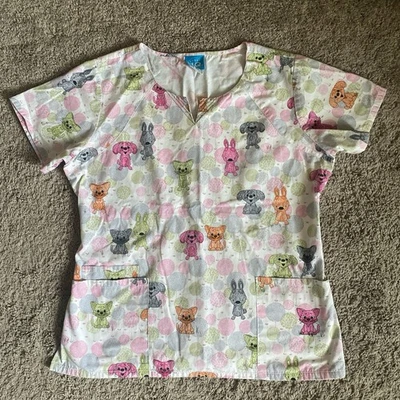 Size L  H.Q Medical Scrub Top With Multicolored Puppy Print - Image 1 of 4