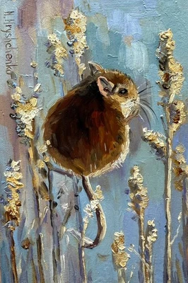 Original Oil Painting Field Mouse, Animal, miniature, gift card 6x4 inch - Image 1 of 4