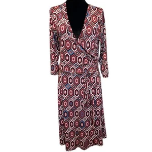 Anthropologie Maude Wrap Dress L Red White Geometric Belt Midi 3/4 Sleeves EUC - Picture 1 of 8