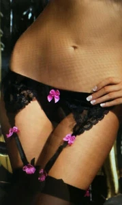 Black Sheer Lace Suspender Belt & Thong Set One Size + Large bows Lingerie Set - Picture 1 of 4