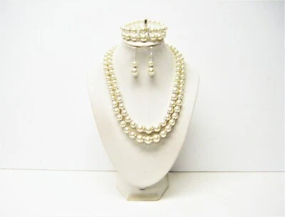 Juego de collar/pulsera/pendientes chocker de perlas de vidrio blanco roto de 2 hilos Foto 1 de 4