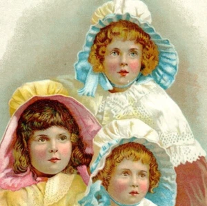 c.1890 Victorian Happy Birthday Card Greeting Three Girls Bonnets Blue Yellow - Picture 1 of 3