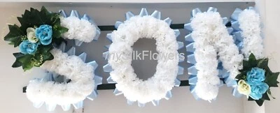 MYSILKFLOWERS SON Artificial Silk Funeral Tribute Any 3 Letter Name Flower Wreath MUM BRO DAD