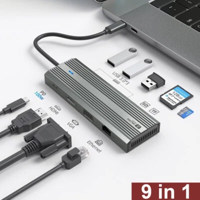 USB C Hub 9 IN 1 Multiport Adapter HDMI 4K USB 3.0 Micro SD für PC Macbook Grau - Bild 1 von 4