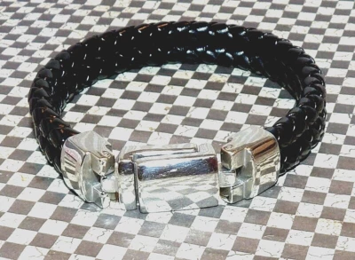 Black 8.5" Twisted Double Rope Faux Leather Stainless Steel Magnetic Bracelet - Image 1 of 4