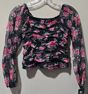 Art Class Girls' LG 10/12 Black & Red Rose Print Ruched Sheer Sleeve Chiffon Top - Picture 1 of 8