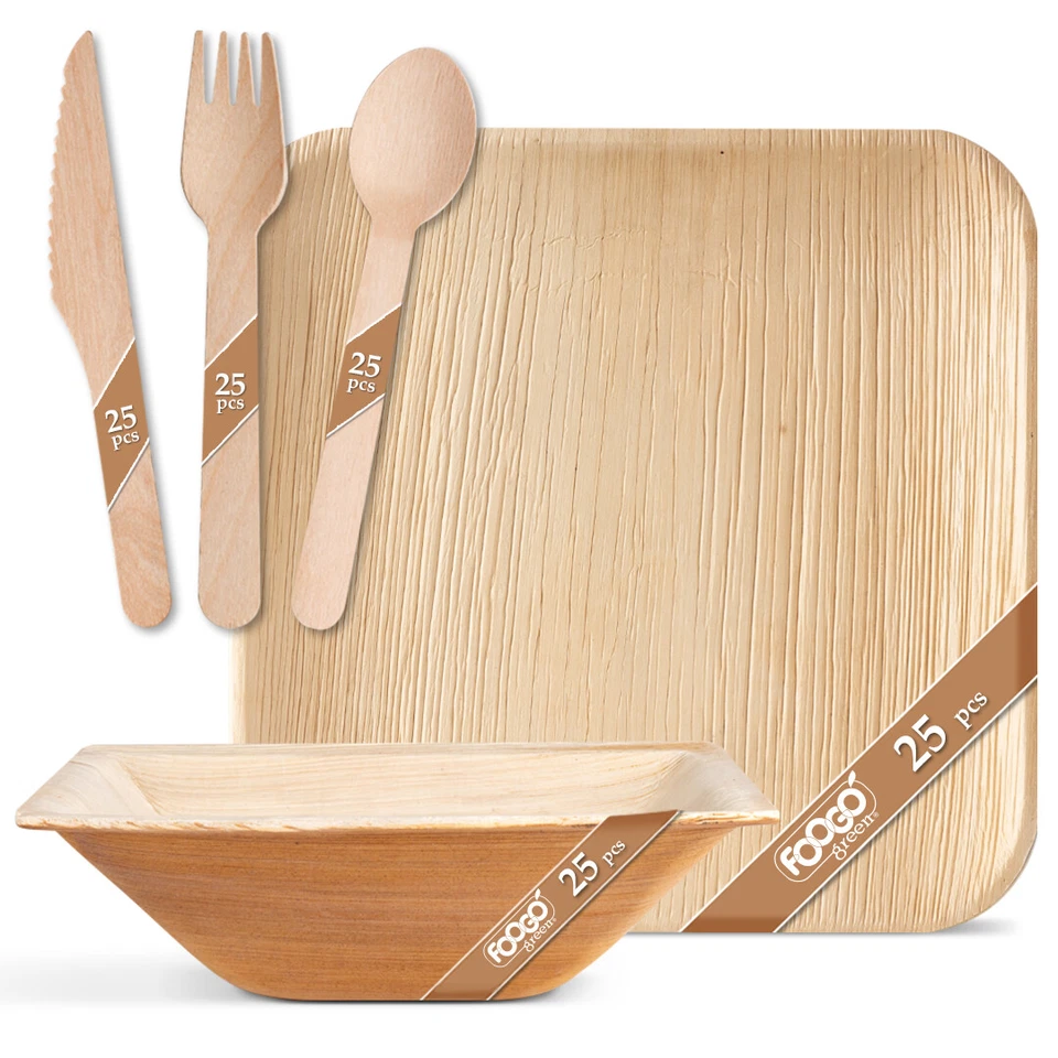 FOOGO Green Disposable Palm Leaf Plates, Wooden Cutlery Set & Bowls