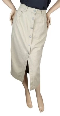 Falda De Colección Gloria Vanderbilt Lino Mezcla Algodón Caqui Midi Botón Frontal Talla 14 Foto 1 de 4