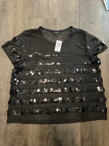 Torrid Womens Size 1 Sheer Sequins Blouse Black Mesh Stripe Top Plus Size BNWT - Picture 1 of 4