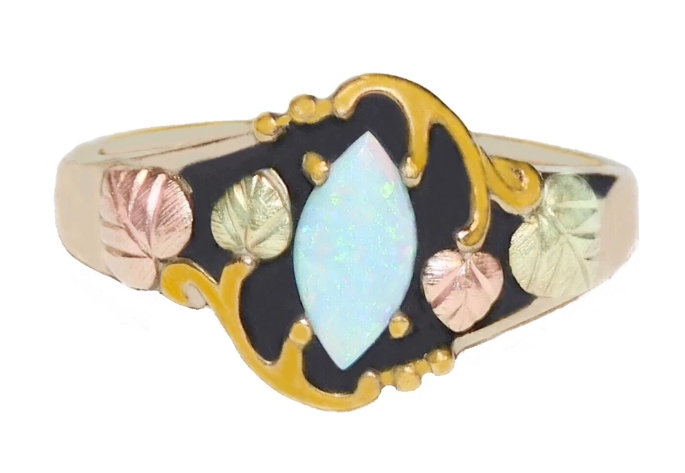 Anillo Black Hills Oro 10k Esmalte Antiguo Marquesa Hojas de Ópalo Talla 7 1/4 Foto 1 de 4