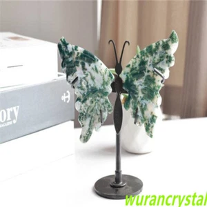 Natürlicher Moos Achat Schmetterlingsflügel Schnitzen, Quarz Kristall Flügel, Heilung + Ständer - Bild 1 von 10