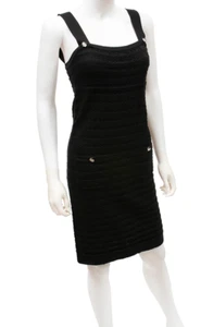 CHANEL Cotton Cashmere Knit Dress 42 Black Sleeveless Crystal Embellished Button - Picture 1 of 11