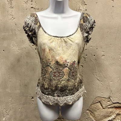 Top No Boundaries Y2K Cachemira Bohemia Espalda Abierta Encaje Manga Abullonada Caprichoso Pequeño S Foto 1 de 4