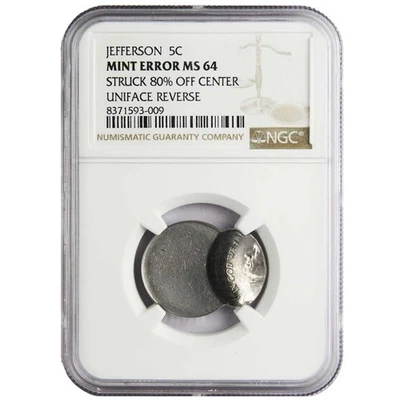 Jefferson 5c Mint Error Struck 80% Off Center Uniface Reverse MS64 NGC Brown - Image 1 of 2