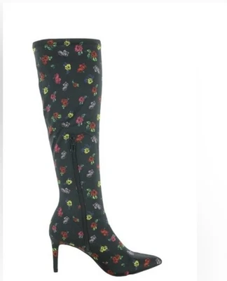 Botas Betsey Johnson VIDAL negras florales tacón de aguja hasta la rodilla talla 7,5 M Foto 1 de 4