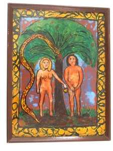 Quadro vetro posteriore Paradiso Adamo ed Eva con serpente - Foto 1 di 3