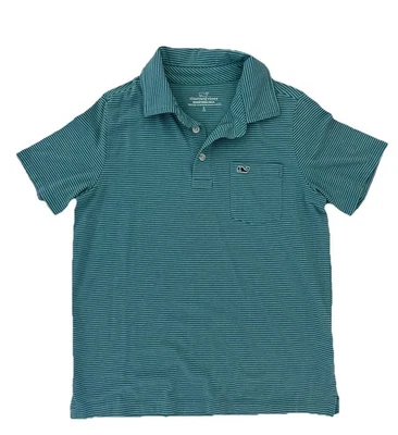 Vineyard Vines Boys S 8-10 Edgartown Polo Striped Green Blue - Image 1 of 4