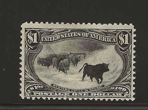US Scott #292 mint lightly hinged 1898, $1 black Cattle in the Storm, Trans Miss - Picture 1 of 2