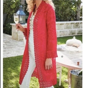 Weiche Umrandung Leinenmischung Blumen Häkel Long Strickjacke rot Gr. L - Bild 1 von 11