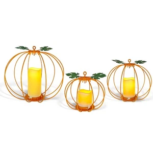Halloween Leuchtende Kürbis Laterne, 3 Stück Metall Orange Kürbis Kerzenhalter... - Bild 1 von 7