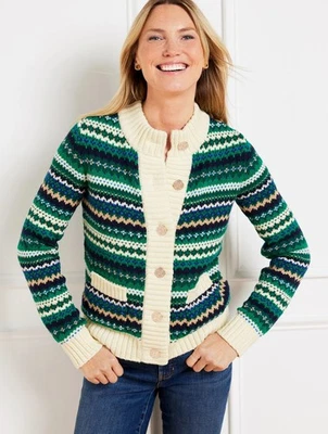 Chaqueta Suéter Talbots Metálica Cuello Simulado Verde Cadete Fair Isle Preppy Mediana Foto 1 de 4