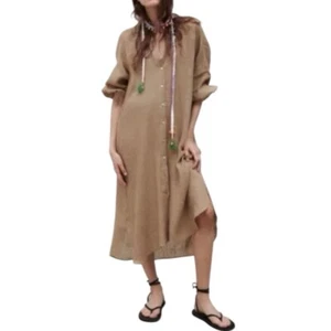 Zara maxi linen dress, beach tunic beige natural puff sleeves Sz XL - Picture 1 of 10
