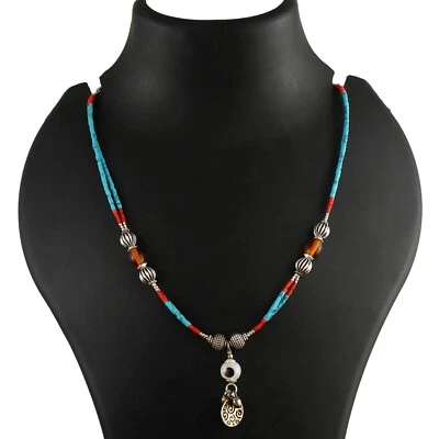 Agate, Turquoise Gemstone Tibetan 925 Sterling Silver Necklace Jewelry 18 inch - Image 1 of 4