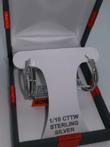 Genuine Womens Diamond Earrings 1/10 CTTW Sterling Silver X Hoop Ear Rings Sale - Picture 1 of 11