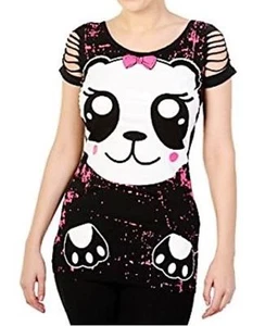 B14 BANNED Panda Punk Rock Goth Popular Slashed Short Sleeve Fitted Tunic Top - Bild 1 von 4
