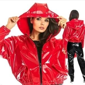 Women Red Patent PARKA PVC Jacket Vinyl Hoodie waterproof Jacket Coat - Picture 1 of 2