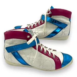 DIOR Y2K White Quilted Cannage Pink Blue Mirror Strap Hightop Sneakers EU39.5 9 - Picture 1 of 16
